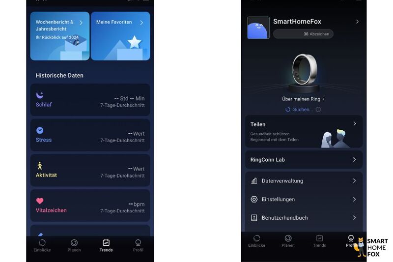 RingConn App Dashboard mit Schlaf-, Stress- und Herzgesundheitsdaten